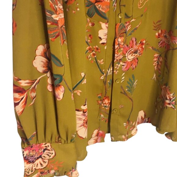 Gibson + Latimer Blouse Womens XL Green Floral Ruffle Cuff Mock Neck Boho Top - Picture 13 of 15